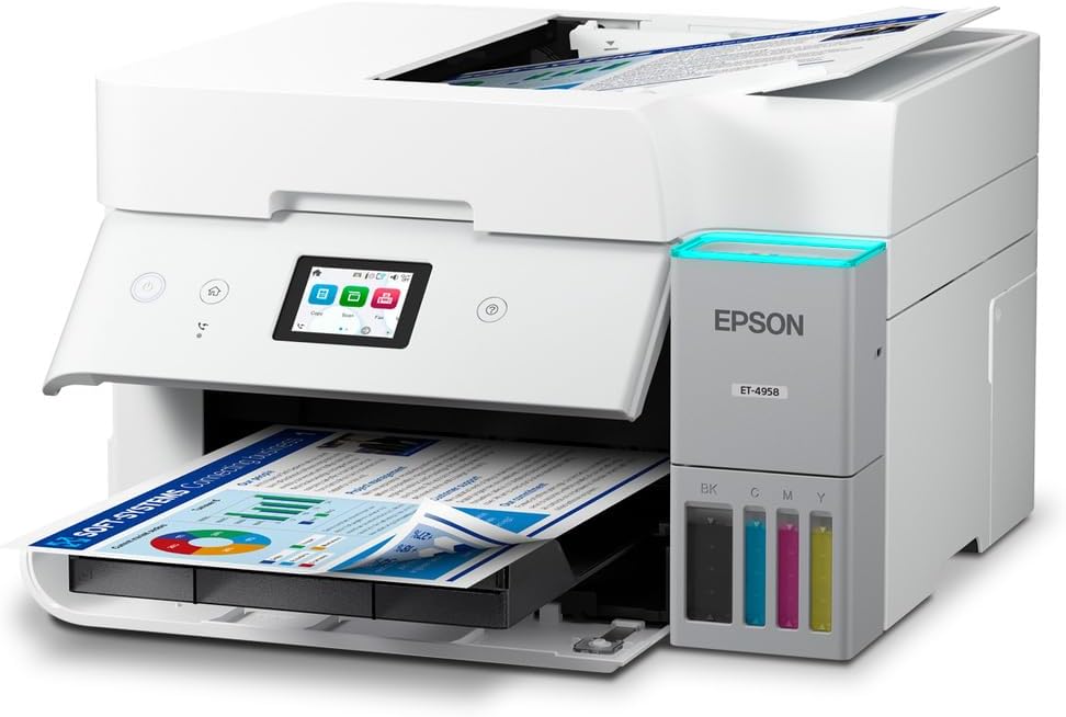 Epson EcoTank ET-4958 Wireless All-in-One Color Supertank Printer, Refillable Tanks, 2.4" Color Touchscreen, Auto Document Feeder, Auto Duplex Print/Copy, Scan, 250-Sheet Paper Tray – White
