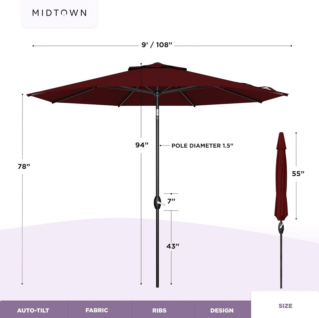 Midtown Umbrellas - The Lean 9 Ft Patio Umbrella with Fade-Resistant Sunbrella Fabric, Auto-Tilt Aluminum Frame and 8 Reinforced Ribs for Deck, Pool & Garden - Burgundy Canopy, Black Pole
