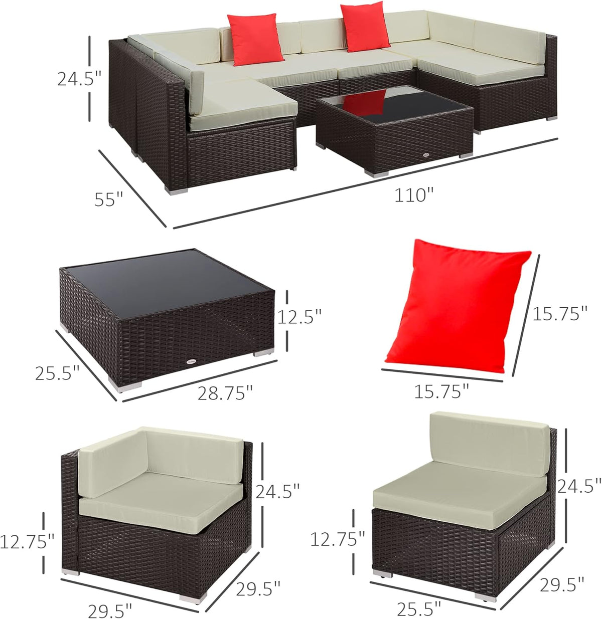 Outsunny 7 Piece Patio Furniture Set, Wicker Outdoor Sectional Sofa Set, All Weather PE Rattan Outdoor Furniture Conversation Sets with Cushions, Glass Top Coffee Table, Pillows, Cream White