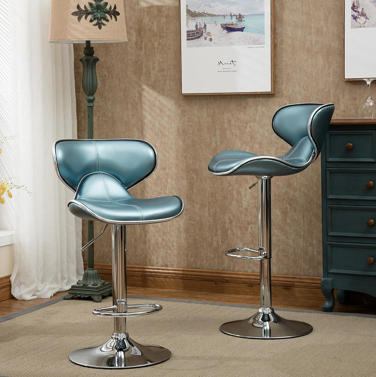 Roundhill Furniture Masaccio Cushioned Leatherette Upholstery Airlift Adjustable Swivel Barstool with Chrome Base, Set of 2, Blue