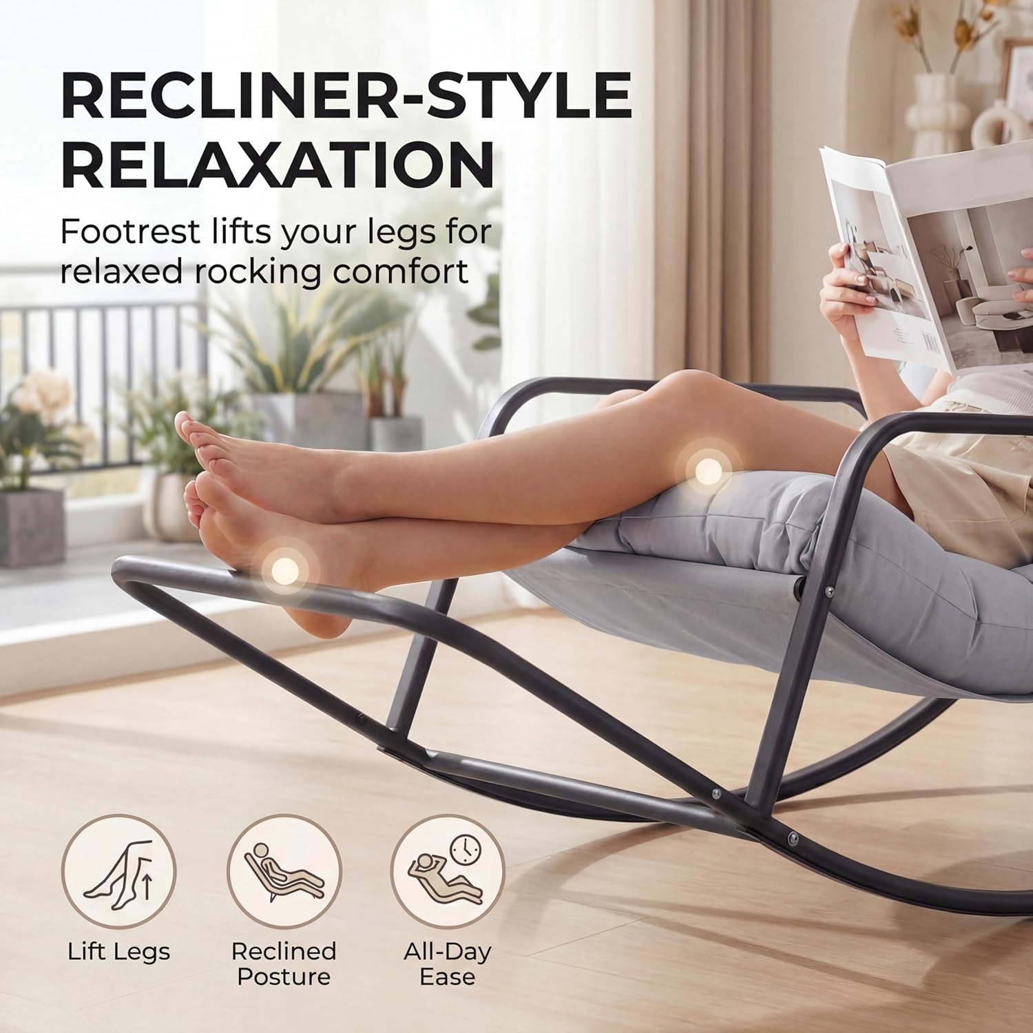 NICESOUL Papasan Rocking Chair with Footrest, Outdoor Rocking Chair with Cushion, Oversized Patio Rocker, Modern Lounge Comfort, Heavy Duty Steel Frame, Indoor Porch Garden, Grey