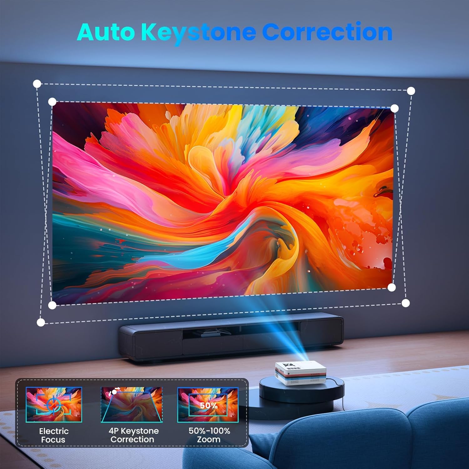 Compatible with Netflix, 2000 ANSI Smart Projector with WiFi 6 and Bluetooth 5.3, Electric Focus Auto Keystone, Native 1080P Outdoor Movie Projector with PrimeVideo/YouTube, for HDMI/USB/iOS/Android