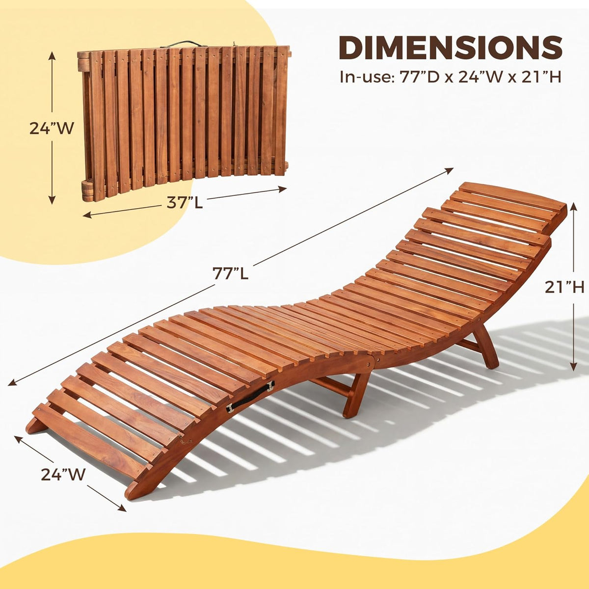 Flamaker Lounge Chairs for Outside Folding Acacia Wood Chaise Lounge with Side Handle Sun Lounger for Poolside, Lawn, Backyard (2 Piece)