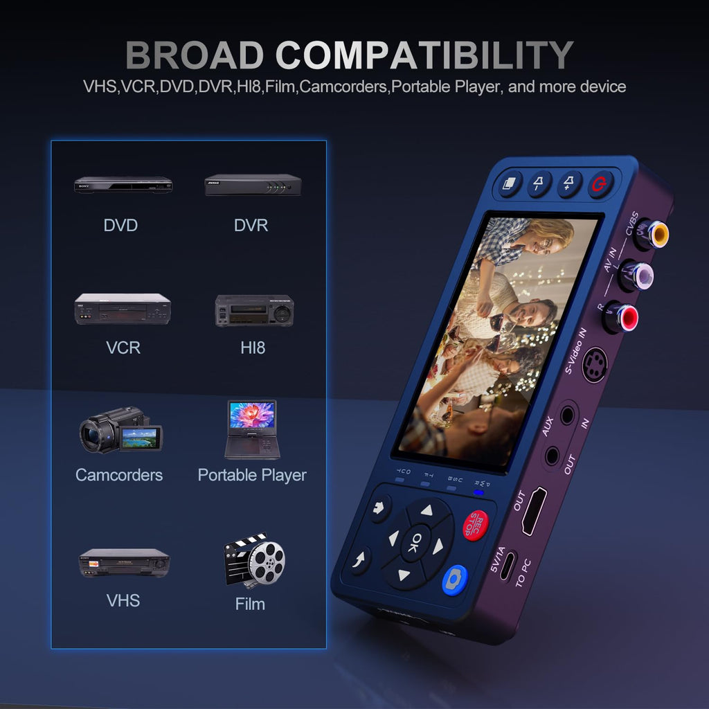 VHS to Digital Converter with 4" HD Screen, VCR to Digital Converter, Convert to MP4 Compatible with VHS, VCR, DVR, DVD, Hi8, Mini DV, Camcorders(Tapes/DVD Player Not Included)