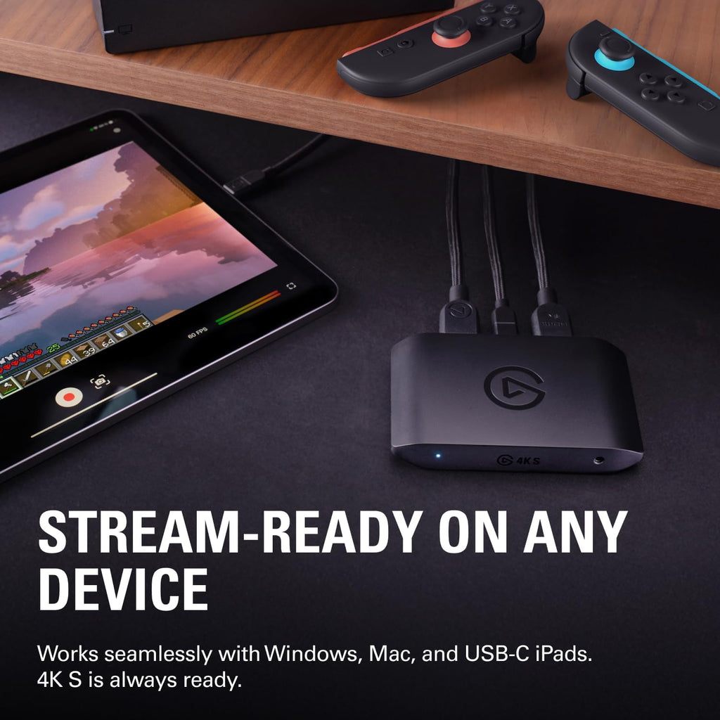 Elgato 4K S – External Capture Card for PS5, Xbox Series X/S, Switch 2, PC, Mac, iPad | 4K60, 1440p120, or 1080p240 Passthrough and Capture, HDR10, VRR, USB-C, Near-Zero Latency