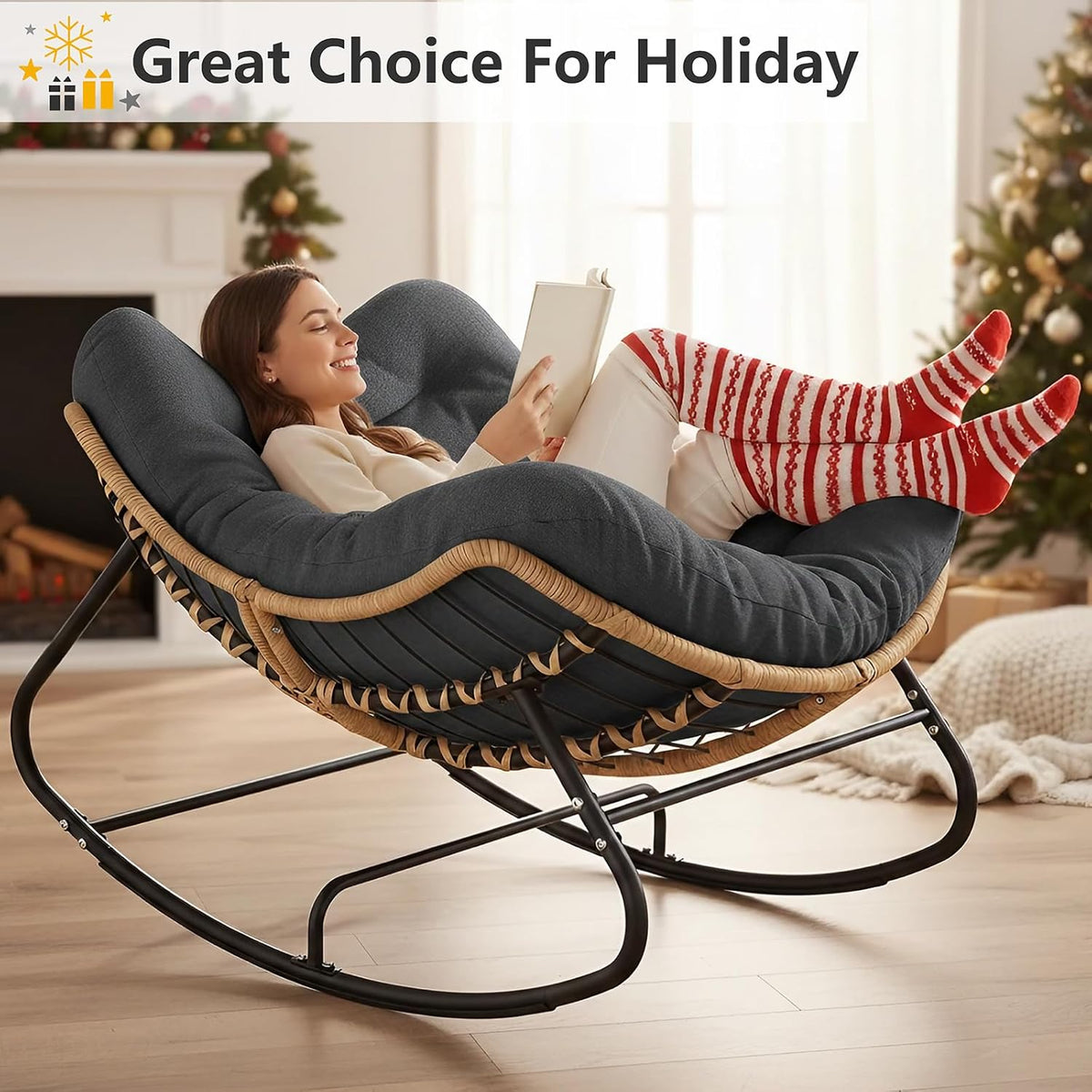 SWITTE Outdoor Rocking Chair, Oversized Patio Papasan Rocker, Comfy Wicker Reading Lounge, Indoor Bed-Like Egg Chair for Bedroom,Balcony, Porch, Garden, Dark Grey