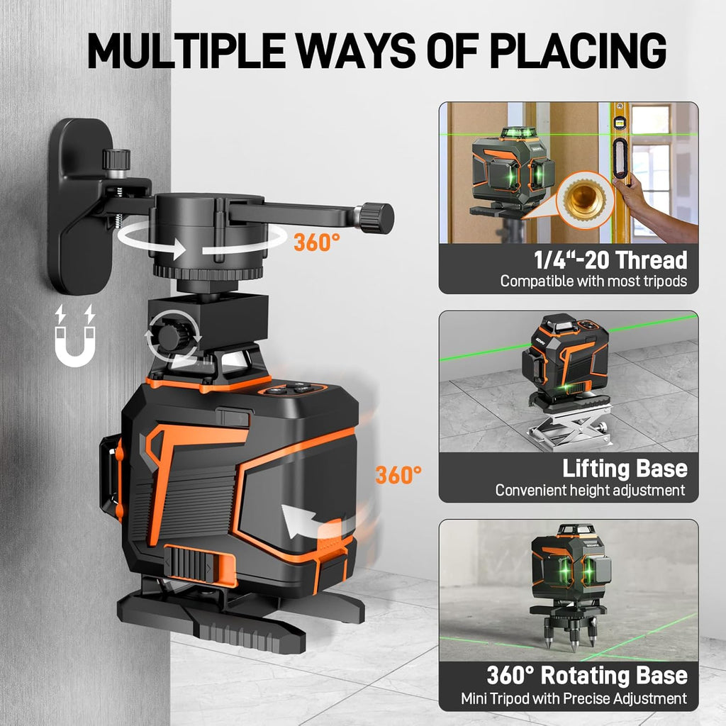 Laser Level 360 Self Leveling Green Light Laser Level Tool Wall Mount Base Bracket 100ft Nivel Laser Rechargeable Battery Receiver for Outdoor Use,4D 4x360