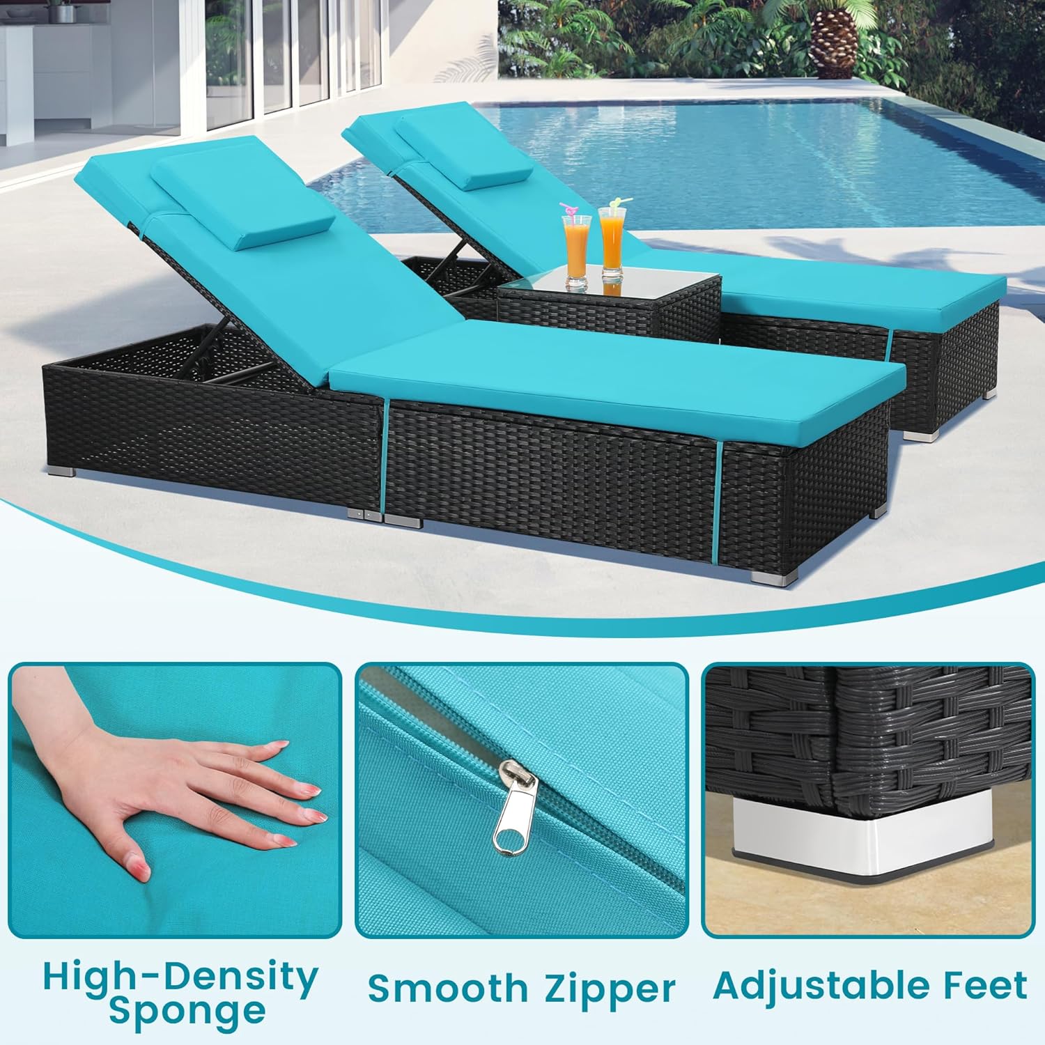 Murago Outdoor Chaise Lounge Chairs, All-Weather Wicker Pool Lounge Chair Set of 2 with Side Table, Adjustable Backrest & Washable Cushions for Patio, Poolside, Beach, Light Blue