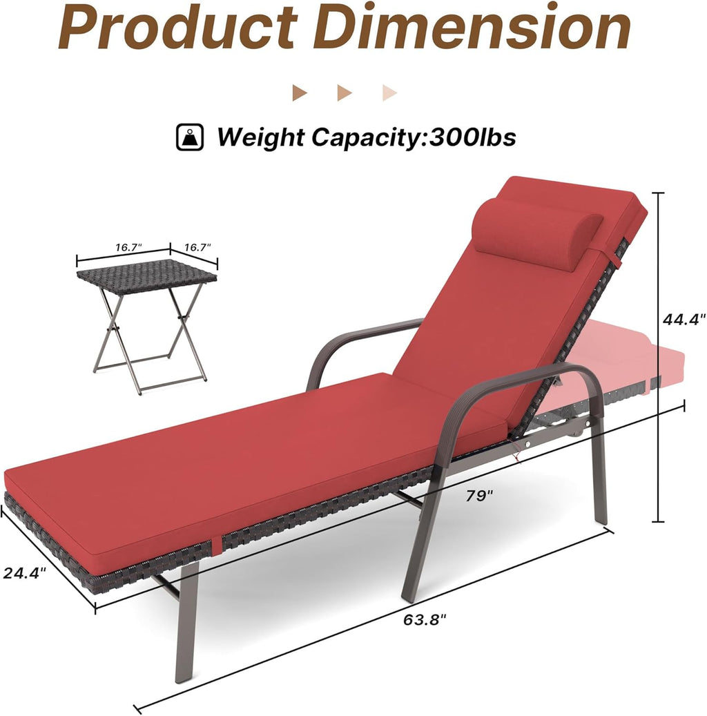 Gotland Patio Chaise Lounge Sets Outdoor Armchair Recliner Rattan Adjustable Back 3 Pieces Cushioned Patio Folding Chaise Lounge with Folding Table