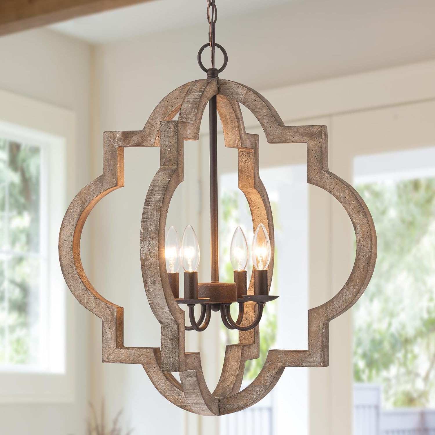 22" Oak Farmhouse Chandeliers Dining Room Light Fixture Over Table Orb Distressed Wood Pendant Light 4-Light Rustic Large Hanging Light for Foyer Entryway Kitchen Island Living Room Bedroom E12