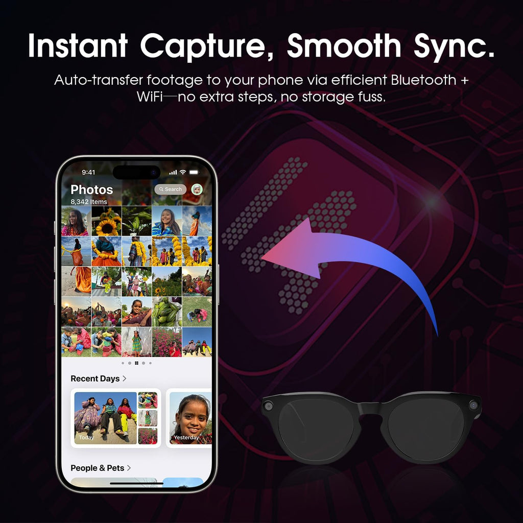 AI Smart Glasses with Camera 4K, 8MP HD Recording Glasses with Open-Ear Sound, Real-Time Translation, Smart Wearable Tech & AI Assistant, Video Recording Glasses with Bluetooth for Life & Travel