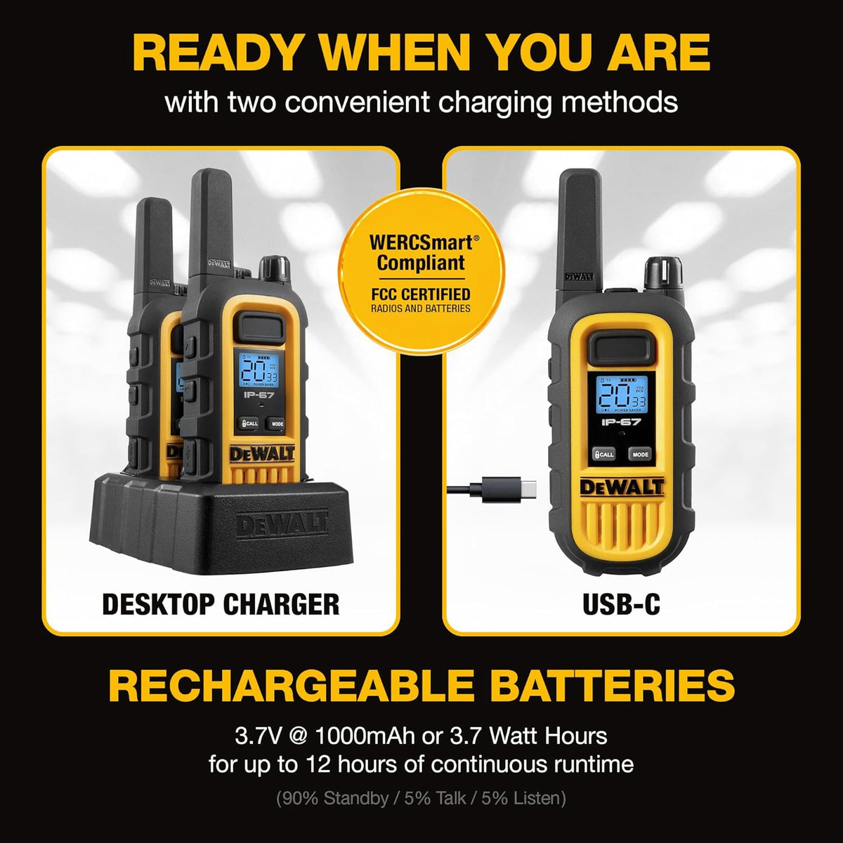 DEWALT DXFRS300 FRS Walkie Talkies, Long Range 2 Way Radio, 1W, IP67 Waterproof, 6 Pack with Gang Charger, DXFRS300-BCH6