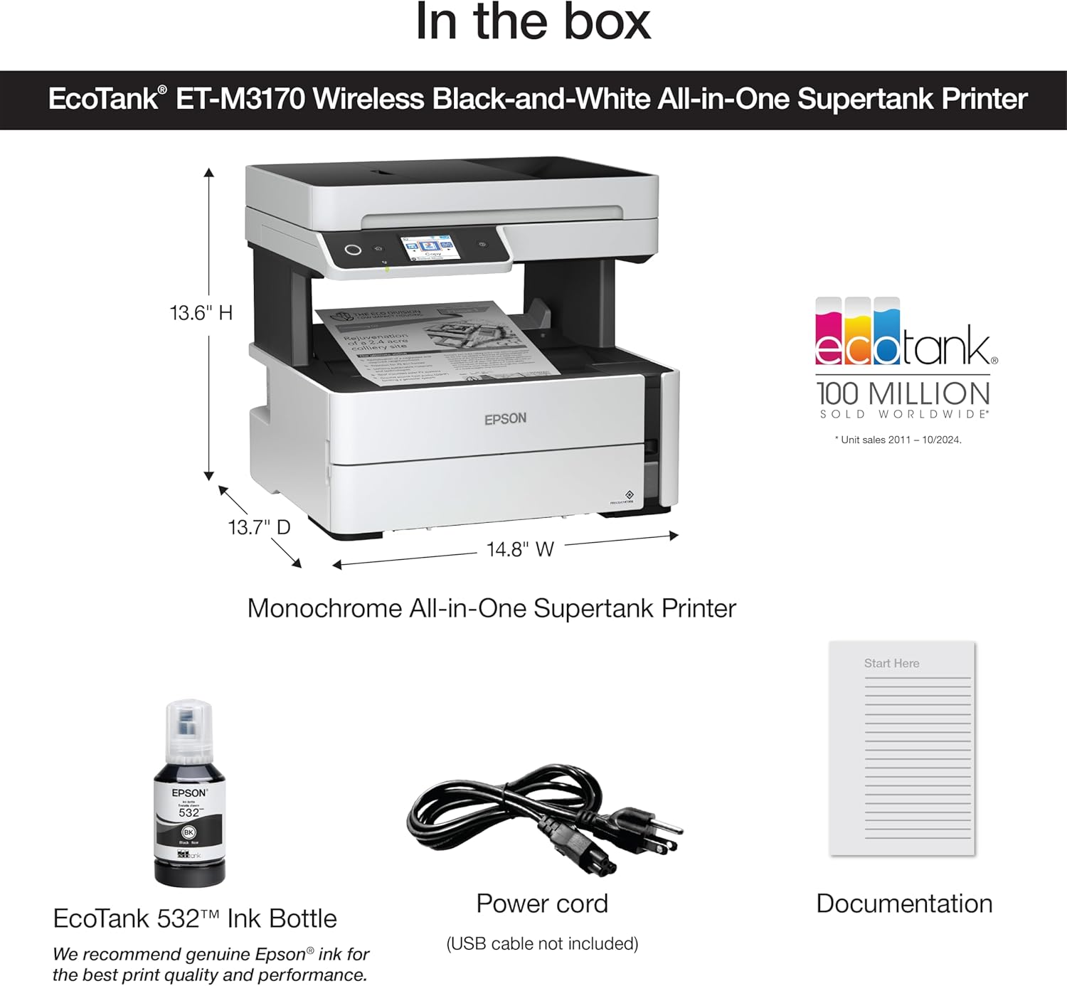 Epson EcoTank ET-M3170 Wireless Monochrome All-in-One Supertank Printer with ADF, Fax and Ethernet Plus 2 Years of Unlimited Ink*